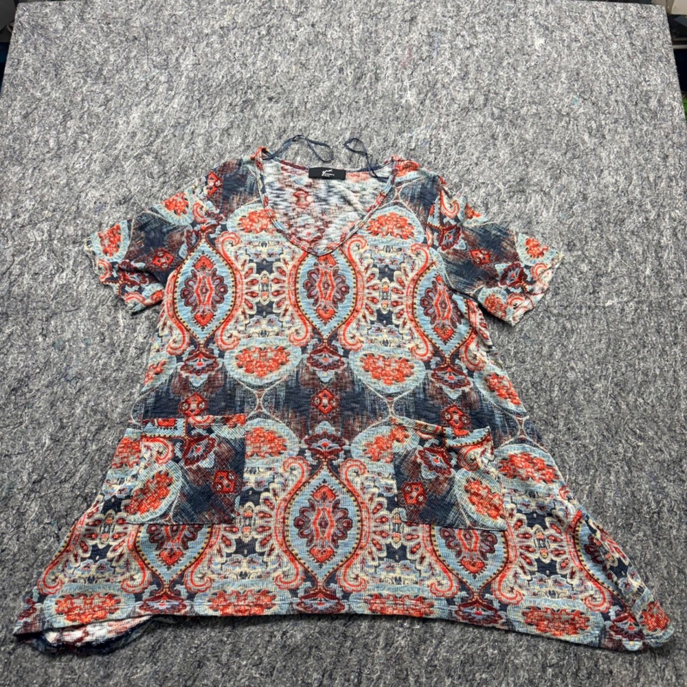 JNW Womens Plus Paisley Medallion V-Neck Tunic Top Blue‎ Orange Short Sleeve